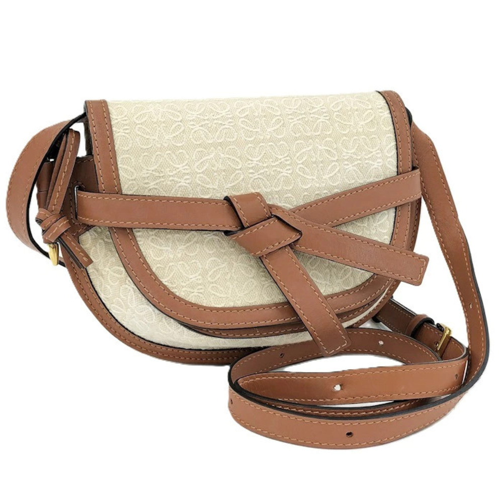 Loewe Gate Dual Shoulder Bag Canvas Leather Beige Brown
